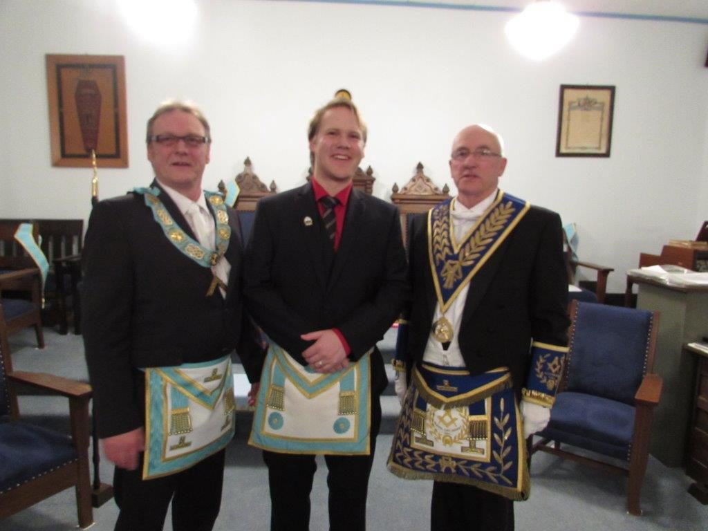 Worshipful Master W. Bro. Bernhard Wiesner, Julian Wiesner (Candidate) and DDGM R.W. Bro. J. Henry Lewis April 11, 2016