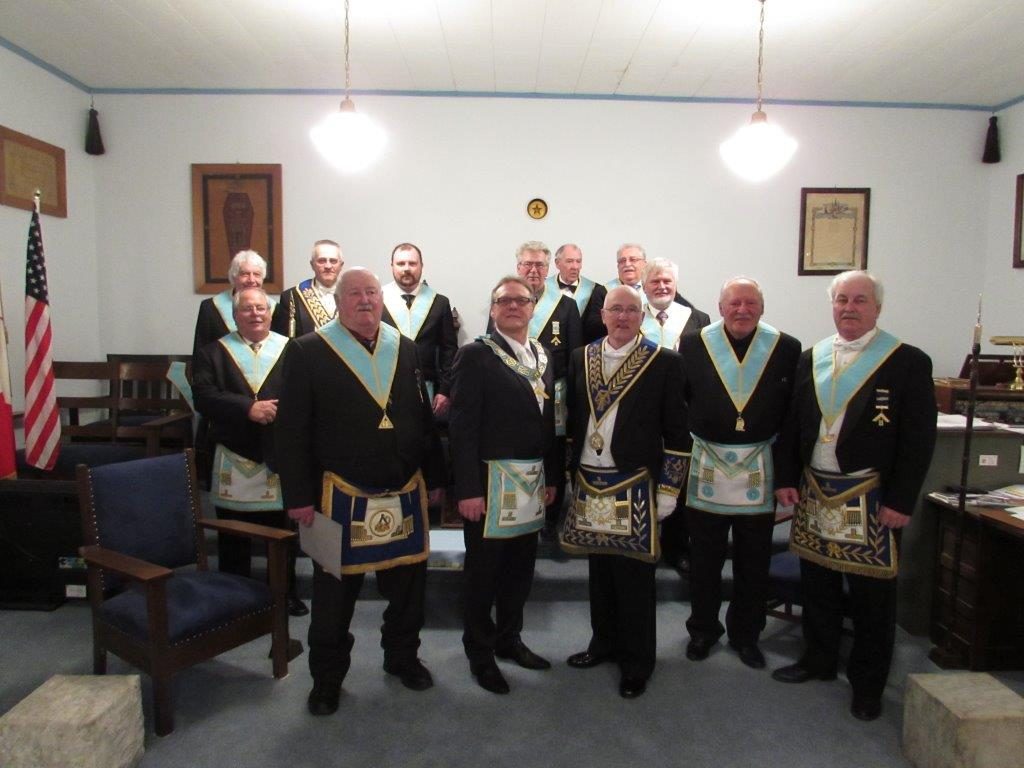 Penewobikong Lodge No. 487 Officers with DDGM R.W. Bro. J. Henry Lewis on his Official Visit to Penewobikong Lodge on April 11, 2016